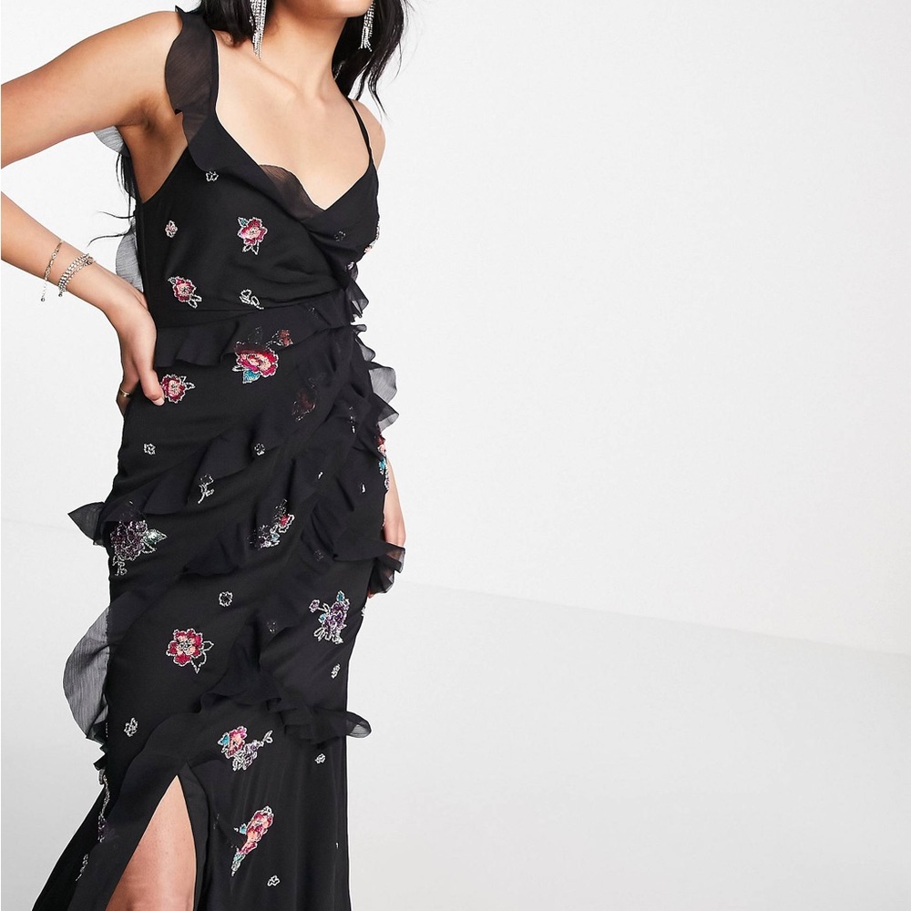 ASOS maxi dress with ruffle detail and floral embellishment in black